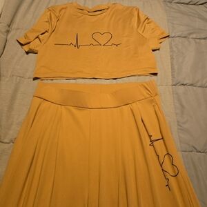 Yellow Heartbeat Graphic Skirt Set